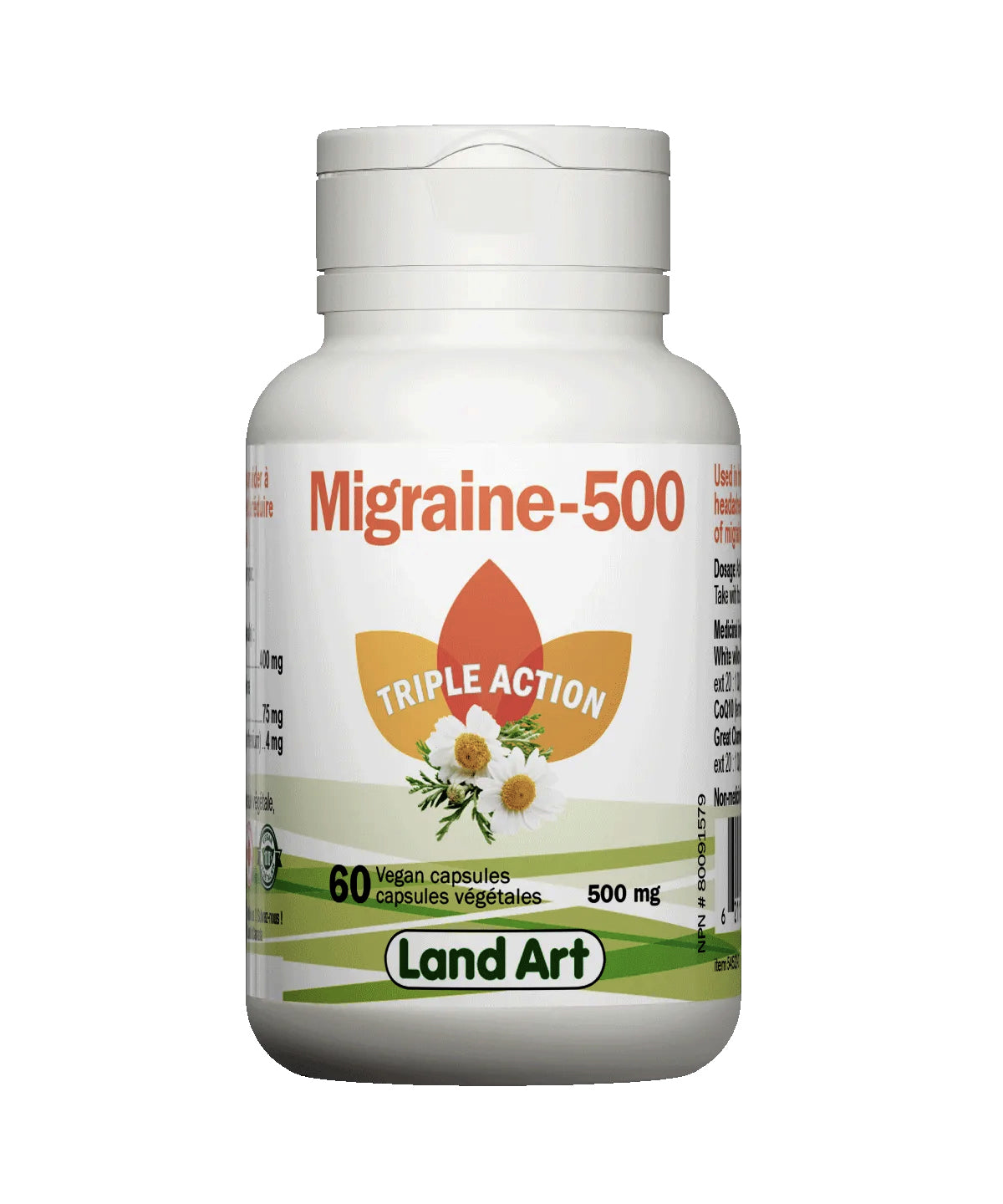 Migraine 500 Triple Action - Prévenir les migraines et soulager maux de tête - Land Art - 60 capsules